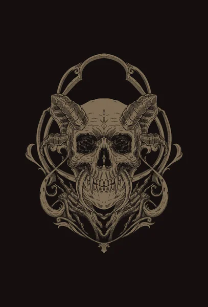 Head Skull Horn Ornament Artwork Illustration — Stock Vector
