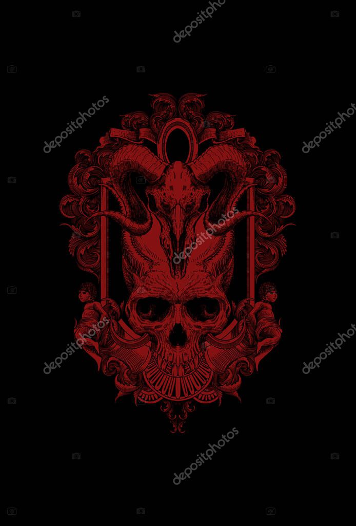 Goat skull and skull horn with ornament artwork illustration