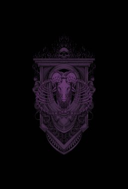 Kafatası iskeleti ve süs kafatası çizimi olan keçi kafatası.