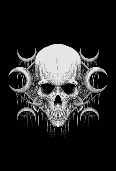 骷髅与庙宇黑暗和蜘蛛网的艺术品插图 — 图库矢量图片