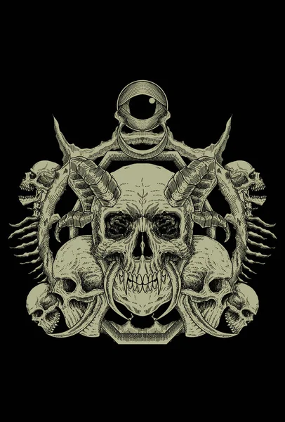 Cráneo Cuerno Cuerpo Del Cráneo Con Ojos Círculo Ilustración Ilustración — Vector de stock