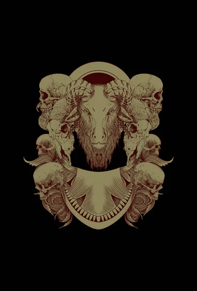 装飾アートワークのイラストとヤギの頭蓋骨 — ストックベクタ
