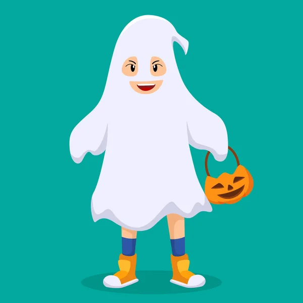 Halloween Petit Garçon Dans Fantôme Conception Costume Plat Illustration — Image vectorielle