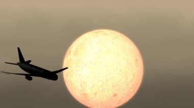 Ticari havayolları ayın yanından uçar bilgisayar animasyonu, siluet, gece görüşü.