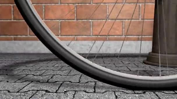 Yakın Çekimde Bisiklet Çarkı Dönüyor Dükkan Arka Plan — Stok video