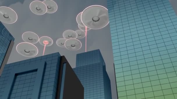Buitenaardse Invasie Concept Stad Schip Vliegen Aanvallen — Stockvideo
