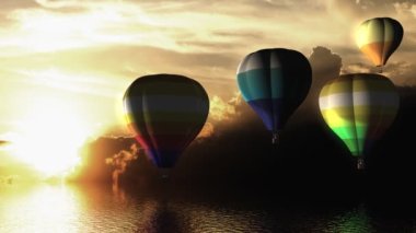 Günbatımı sıcak hava balonu denizin üzerinde uçuyor..