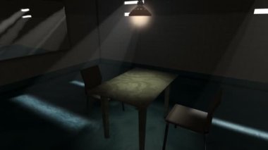 3D loş ışık sorgu odası animasyonu, polis, şüpheli, sorgulama.