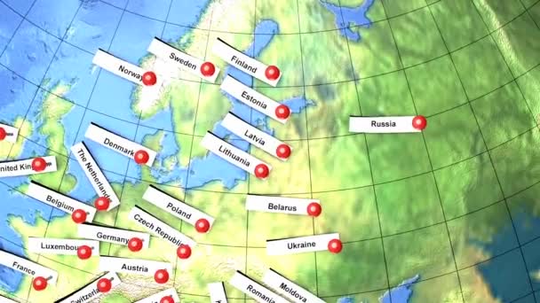 ヨーロッパの国名は世界にピン — ストック動画