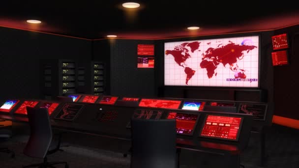 Ordenador Generado Sala Control Operación Centro Mando Luces Rojas — Vídeos de Stock