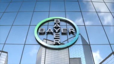 Sadece editoryal kullanım, 3d animasyon, cam bina üzerindeki Bayer Ag logosu.