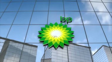 Sadece editoryal kullanım, 3D animasyon, cam bina üzerindeki Bp logosu.