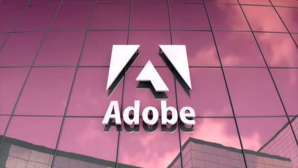 Pouze Pro Redakční Použití Animace Logo Adobe Skleněné Budově — Stock video
