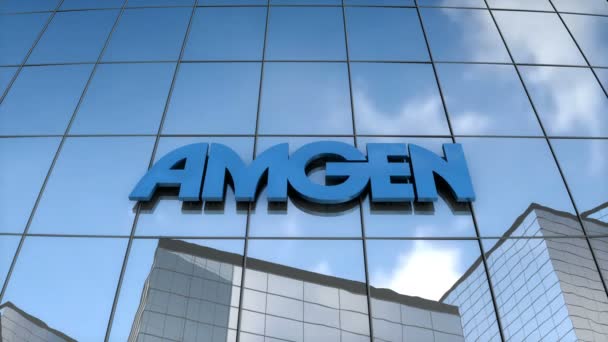 Wyłącznie Użytku Redakcyjnego Animacja Logo Amgen Szklanym Budynku — Wideo stockowe