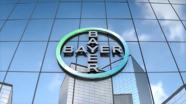 Редакции Анимация Логотип Bayer Стеклянном Здании — стоковое видео