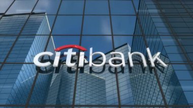 Sadece editoryal kullanım, 3D animasyon, cam bina üzerindeki Citibank logosu.