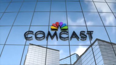 Sadece editoryal kullanım, 3D animasyon, cam bina üzerindeki Comcast logosu.