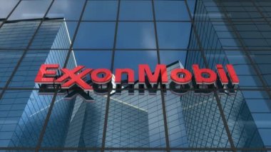 Sadece editoryal kullanım, 3D animasyon, cam bina üzerinde Exxonmobil logo.