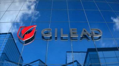 Sadece editoryal kullanım, 3D animasyon, cam bina üzerindeki Gilead Sciences logosu.