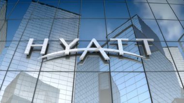 Eylül 2017, sadece editör kullanımı, 3 boyutlu animasyon, Hyatt Otelleri şirket logosu cam bina üzerinde.