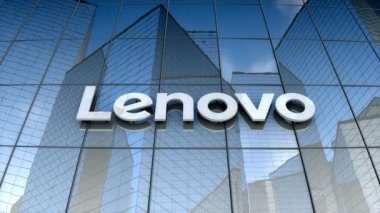 Ağustos 2017, sadece editoryal kullanım, cam bina üzerine Lenovo logosu.