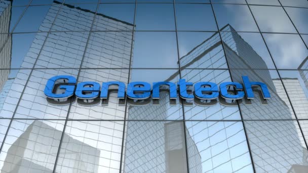 Сентябрь 2017 Внутреннего Пользования Анимация Логотип Genenentech Inc Стеклянном Здании — стоковое видео