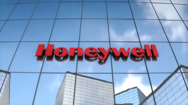 Uso Editorial Solamente Animación Logotipo Honeywell Construcción Vidrio — Vídeos de Stock