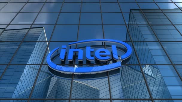 Pouze Pro Redakční Použití Animace Logo Intel Prosklené Budově — Stock video