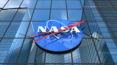 Sadece editoryal kullanım, 3D animasyon, cam bina üzerine Nasa logosu.