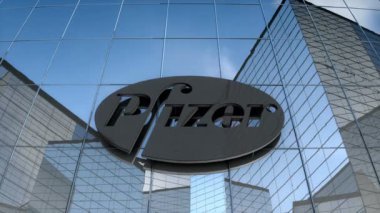 Sadece editoryal kullanım, 3D animasyon, cam bina üzerindeki Pfizer logosu.