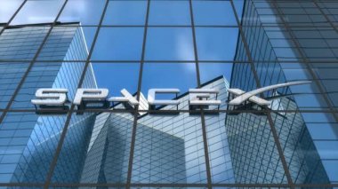 Sadece editoryal kullanım, 3D animasyon, cam bina üzerindeki Spacex logosu.