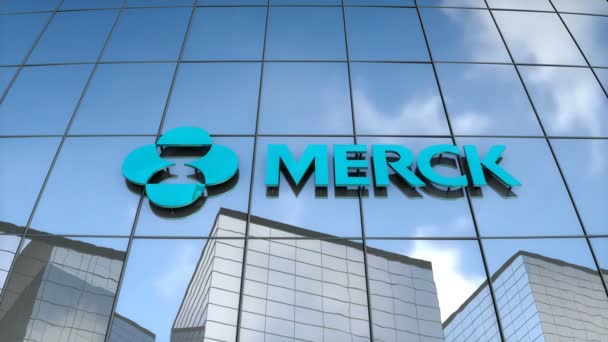 Uso Editorial Somente Animação Logotipo Merck Construção Vidro — Vídeo de Stock