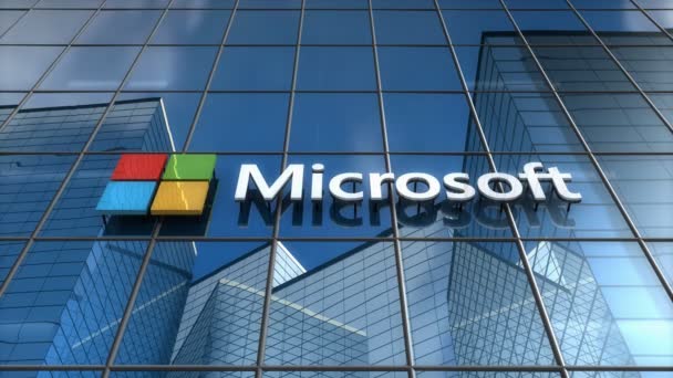 Endast För Redaktionell Användning Animering Microsoft Logotyp Glasbyggnad — Stockvideo