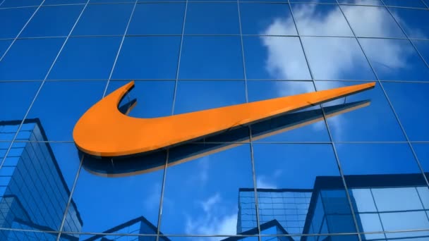 Wyłącznie Użytku Redakcyjnego Animacja Logo Nike Szklanym Budynku — Wideo stockowe