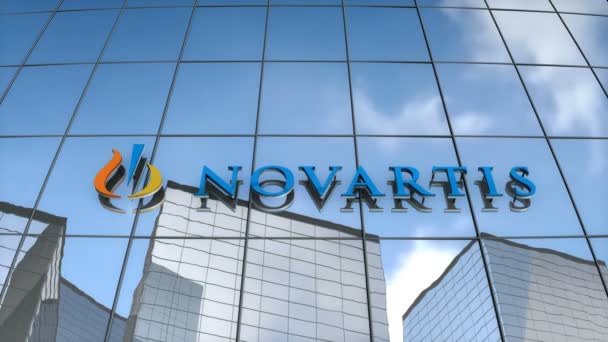 编辑只使用3D动画 Novartis标志在玻璃建筑上 — 图库视频影像