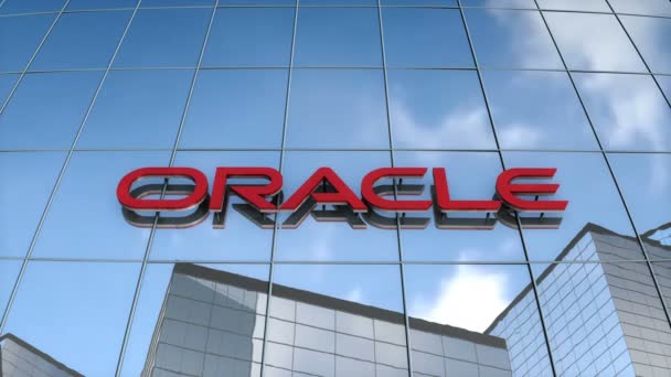 Тільки Редакція Використовує Анімації Логотип Oracle Скляній Будівлі — стокове відео
