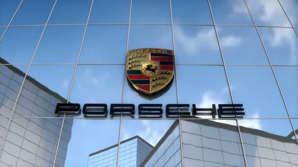 Julio 2017 Uso Editorial Solamente Animación Logotipo Porsche Construcción Vidrio — Vídeo de stock