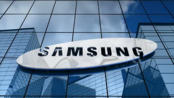 Pouze Pro Redakční Použití Animace Logo Samsung Skleněné Budově — Stock video