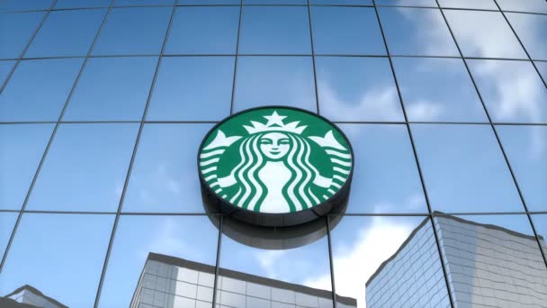 Sadece Editoryal Kullanım Animasyon Starbucks Logosu Cam Bina Üzerine — Stok video