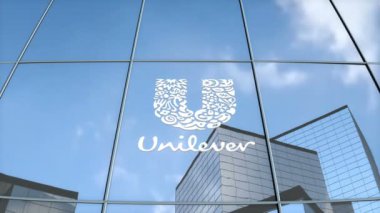 Sadece editoryal kullanım, 3D animasyon, cam bina üzerindeki Unilever logosu.