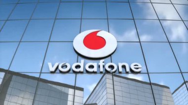 Sadece editoryal kullanım, 3D animasyon, cam bina üzerindeki Vodafone logosu.