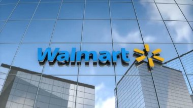 Sadece editoryal kullanım, 3D animasyon, cam bina üzerine Walmart logosu.