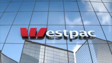Sadece editoryal kullanım, 3D animasyon, Westpac logosu cam bina üzerine.