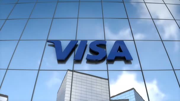 Pouze Pro Redakční Použití Animace Visa Logo Prosklené Budově — Stock video