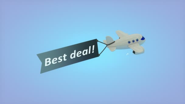 Δημιουργία Υπολογιστή Αεροπλάνο Μπλε Φόντο Κείμενο Στη Σημαία Best Deal — Αρχείο Βίντεο