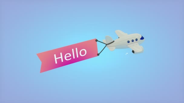Δημιουργία Υπολογιστή Αεροπλάνο Μπλε Φόντο Κείμενο Στη Σημαία Γεια Σας — Αρχείο Βίντεο