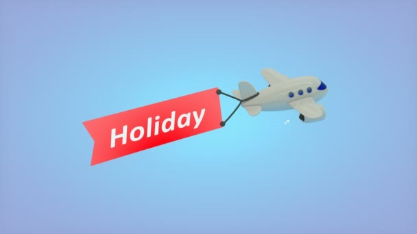 Δημιουργία Υπολογιστή Αεροπλάνο Μπλε Φόντο Κείμενο Στη Σημαία Διακοπές — Αρχείο Βίντεο