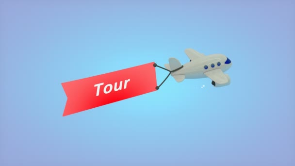 Ordenador Generado Avión Sobre Fondo Azul Con Texto Bandera Tour — Vídeos de Stock