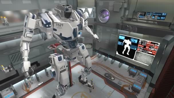 Космический Ангар Гигантским Боевым Роботом — стоковое видео