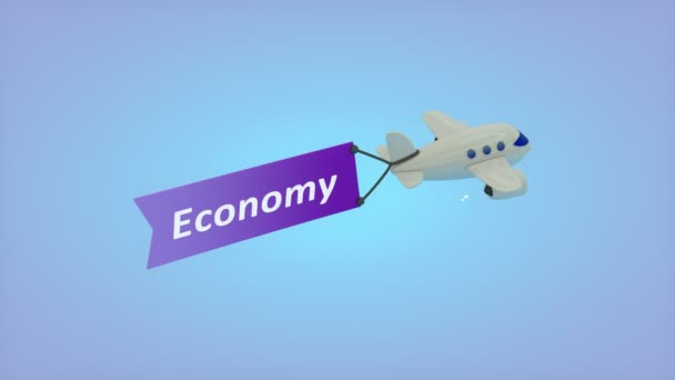 Computer Generated Airplane Blue Background Text Flag Economy — Stock Video